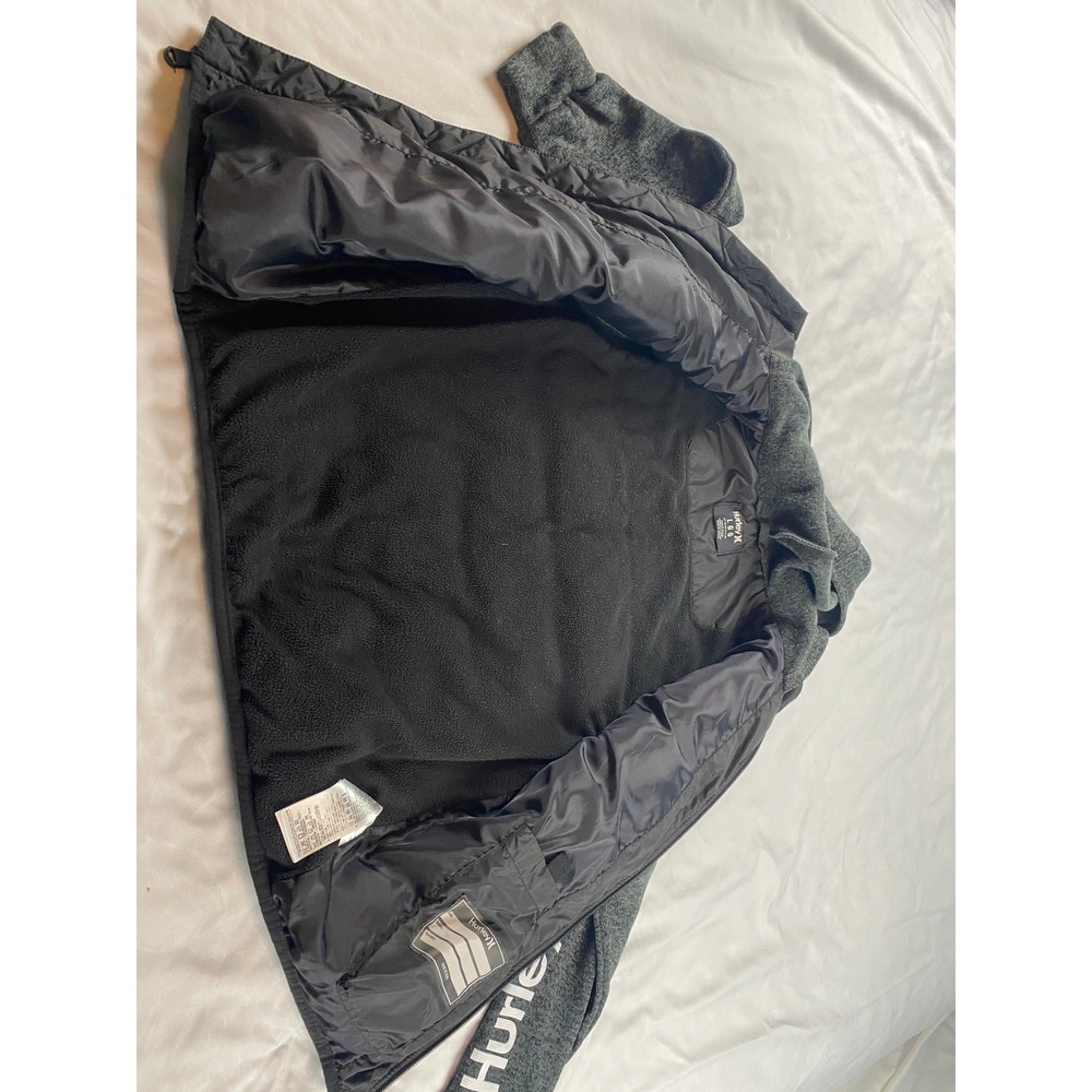 Hurley Hybrid Puffer Jacket Boys Large 12-13 Black Gray Excellent Hooded Zip - Picture 12 of 13